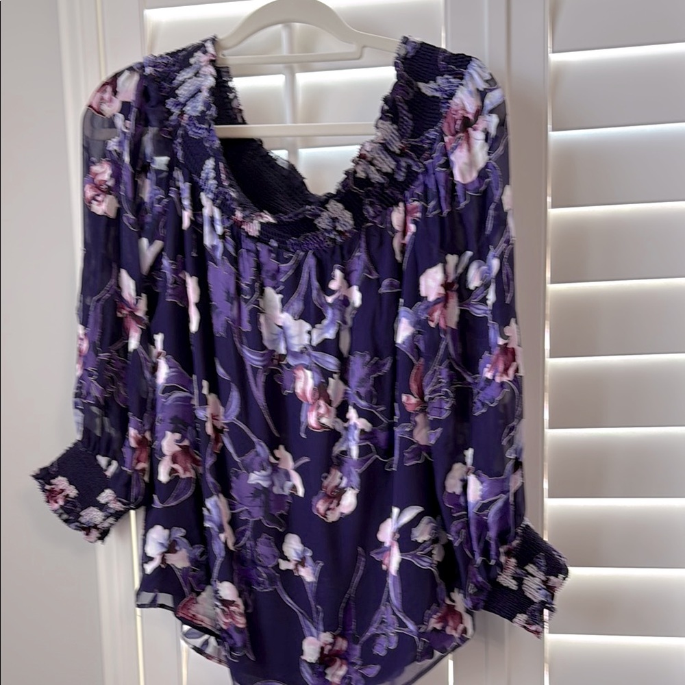 White House Black Market Rich Purple Off-The-Shoulder Blouse.